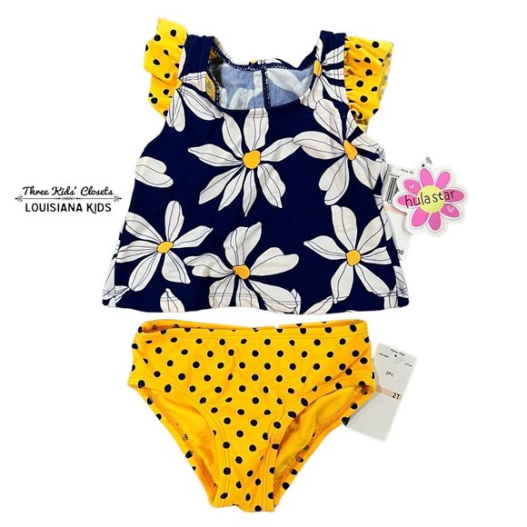 NEW Hula Star 2T Yellow & Blue Daisies Polkadots Swim Bathing Suit